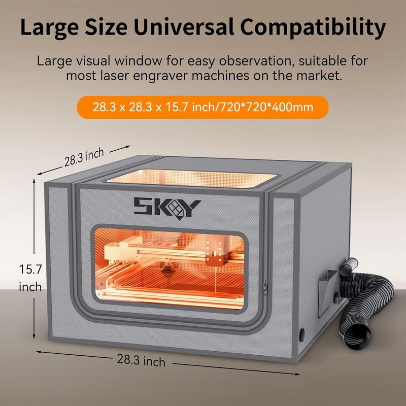 Skouphy Laser Engraver Integrated Enclosure with LED Light, Fireproof and Dustproof Protective Cover 28.3 * 28.3 * 15.7, Exhaust Fan 4500RPM and Pipe, Against Smoke Odor and Noise Eye Protection -Grey - Image 3